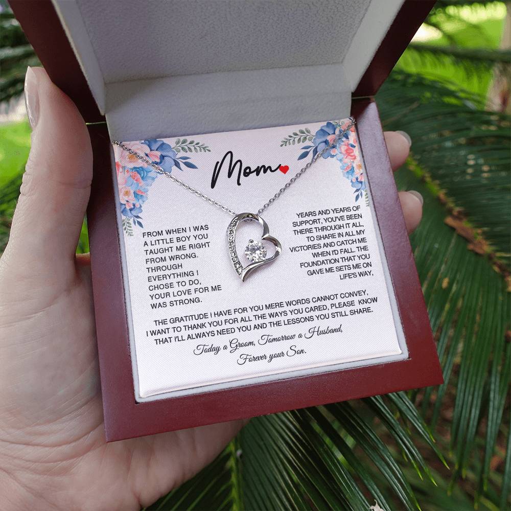 Gift for Mom on Wedding day Fore - Today a Groom Tomorrow a Husband- Forever Your Son- Forever Love Necklace Title14k White Gold Finish