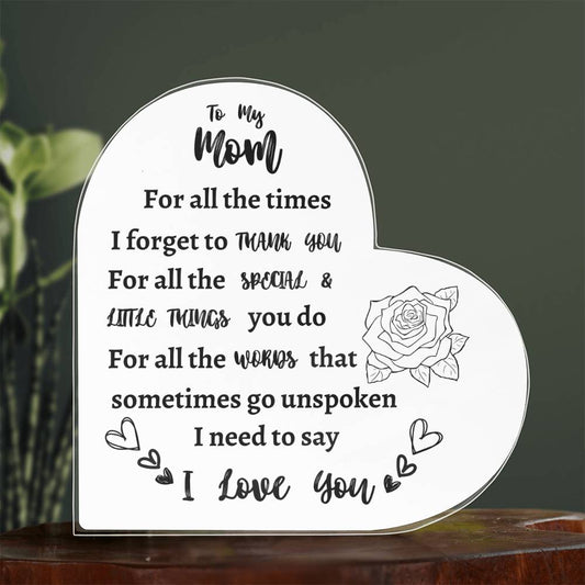 I Love You Mom Acrylic Keepsake - Perfect Mother's Day, Birthday Gift from Son or Daughter - Cute Decorations and Sentimental Reminder of Your Love