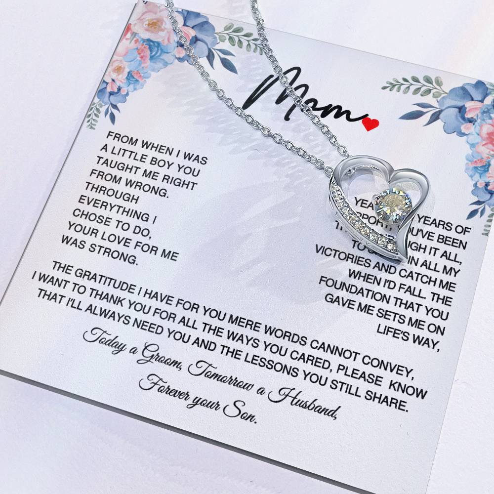 Gift for Mom on Wedding day Fore - Today a Groom Tomorrow a Husband- Forever Your Son- Forever Love Necklace Title14k White Gold Finish