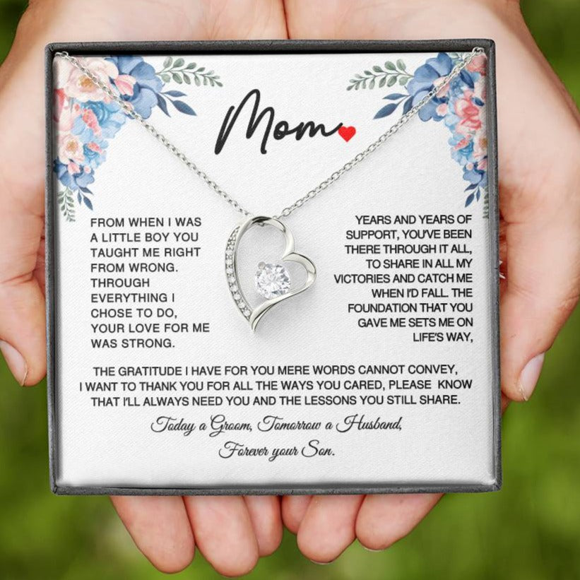 Gift for Mom on Wedding day Fore - Today a Groom Tomorrow a Husband- Forever Your Son- Forever Love Necklace Title14k White Gold Finish