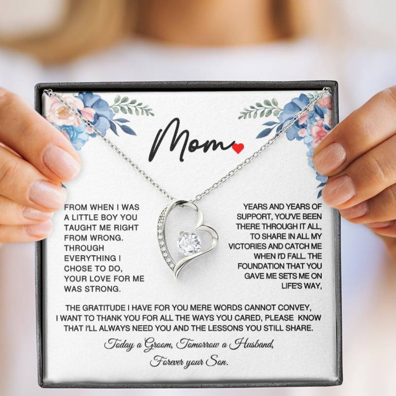 Gift for Mom on Wedding day Fore - Today a Groom Tomorrow a Husband- Forever Your Son- Forever Love Necklace Title14k White Gold Finish