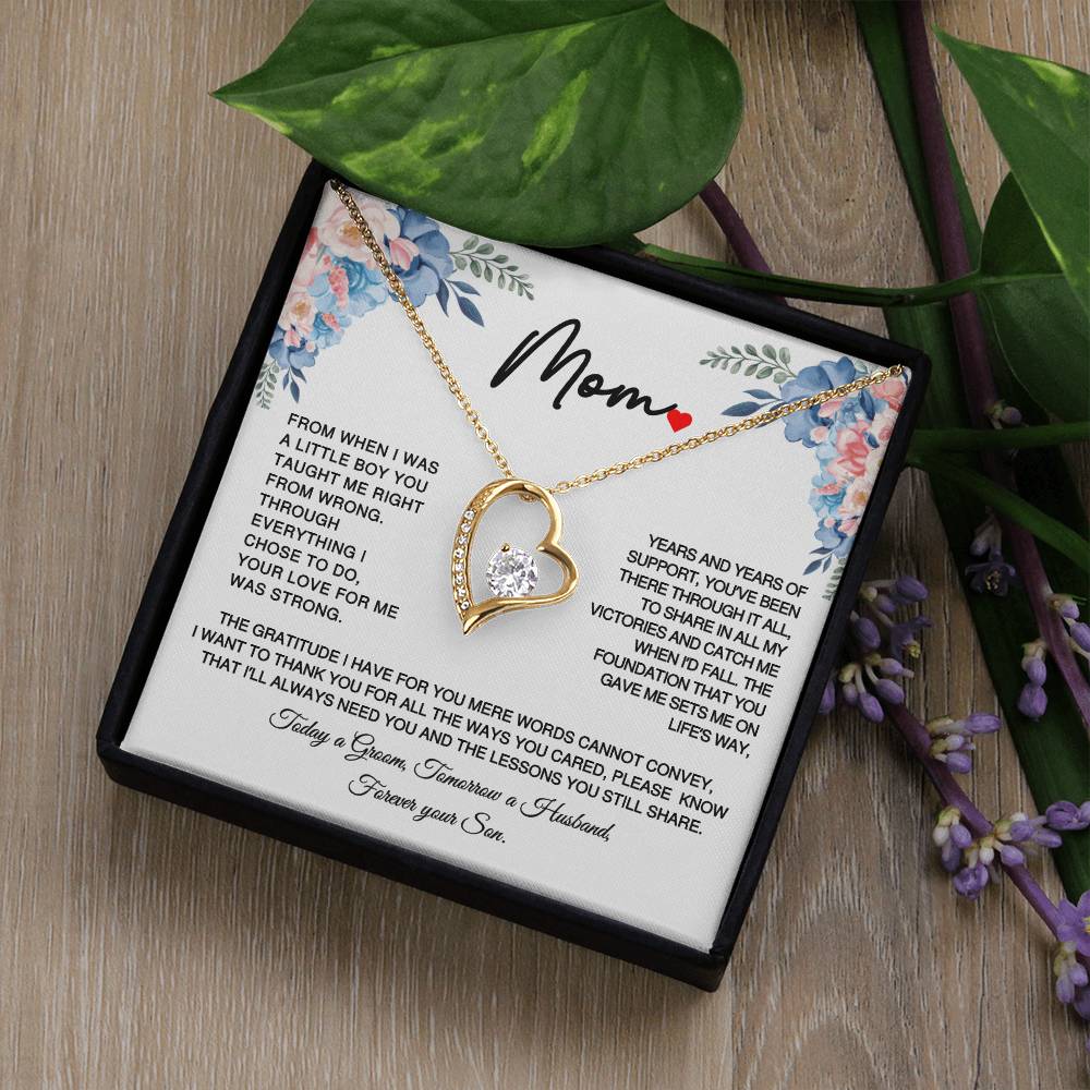 Gift for Mom on Wedding day Fore - Today a Groom Tomorrow a Husband- Forever Your Son- Forever Love Necklace Title14k White Gold Finish