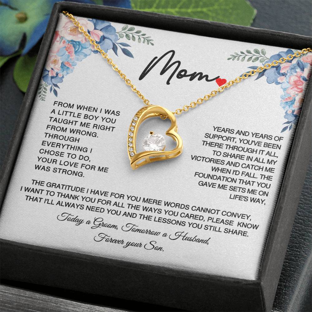 Gift for Mom on Wedding day Fore - Today a Groom Tomorrow a Husband- Forever Your Son- Forever Love Necklace Title14k White Gold Finish